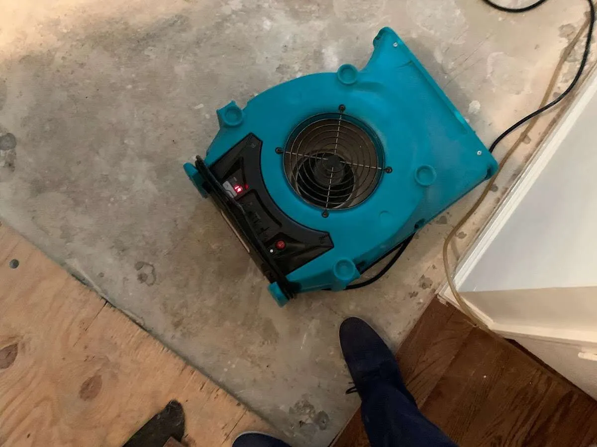 Air mover drying subfloor during Leak Detection & Repair in Kaneohe